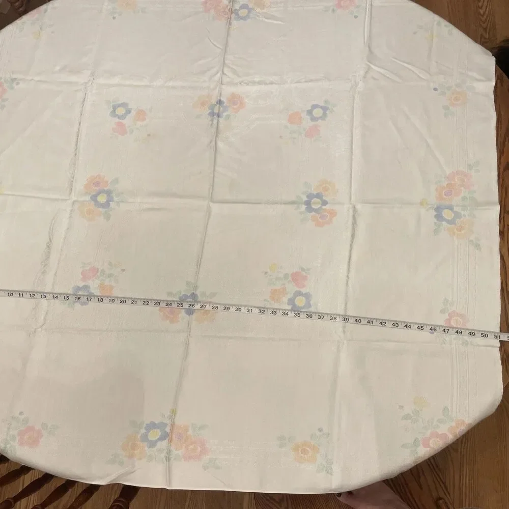 Vintage White Damask w/ Pink Blue Peach Green Floral Tablecloth 51”x47” Cottage
